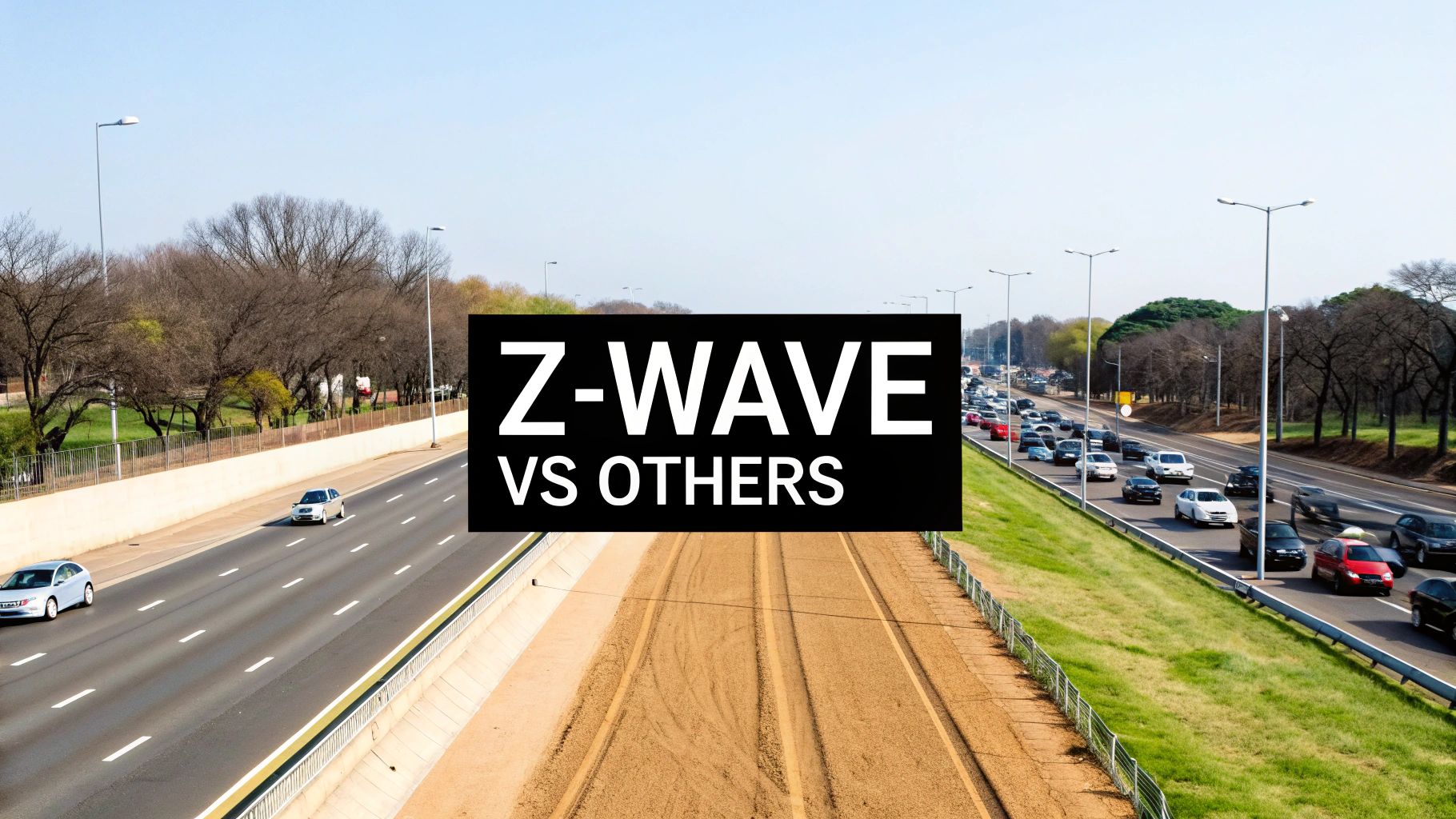 An illustration showing Z-Wave, Zigbee, and Wi-Fi logos with connecting lines to smart home devices, symbolizing different communication protocols.