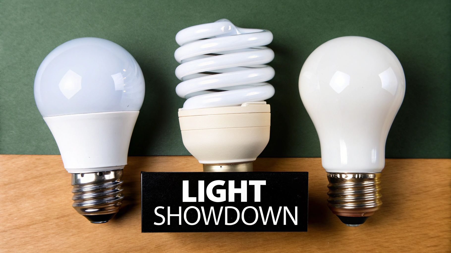 Three different types of light bulbs lined up for comparison