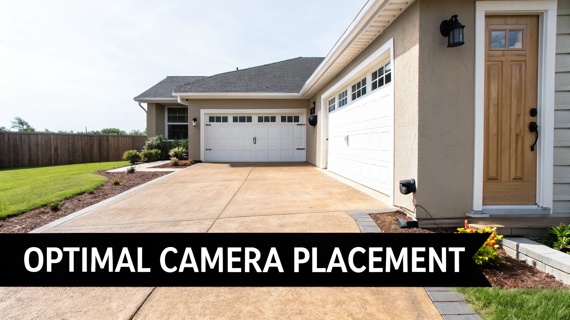 A beige house with two white garage doors, a front door, and a security camera showing optimal placement.
