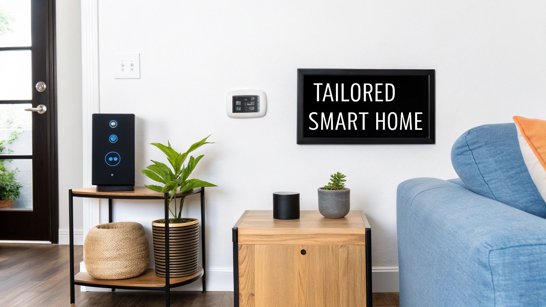 A person using a smartphone to control various smart home devices in their living room.