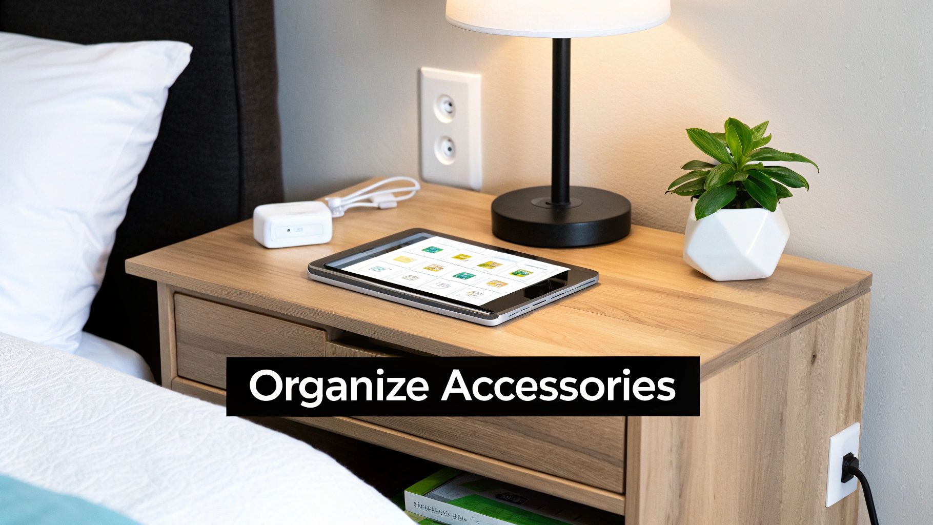 A tidy bedside table featuring a lamp, tablet, small plant, and smart home device next to a white bed.