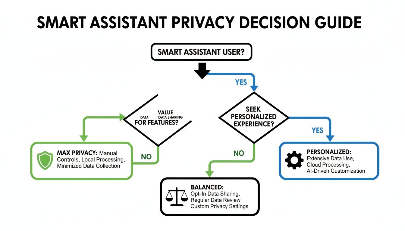 A flowchart guides smart assistant users through privacy decisions for personalized experiences.