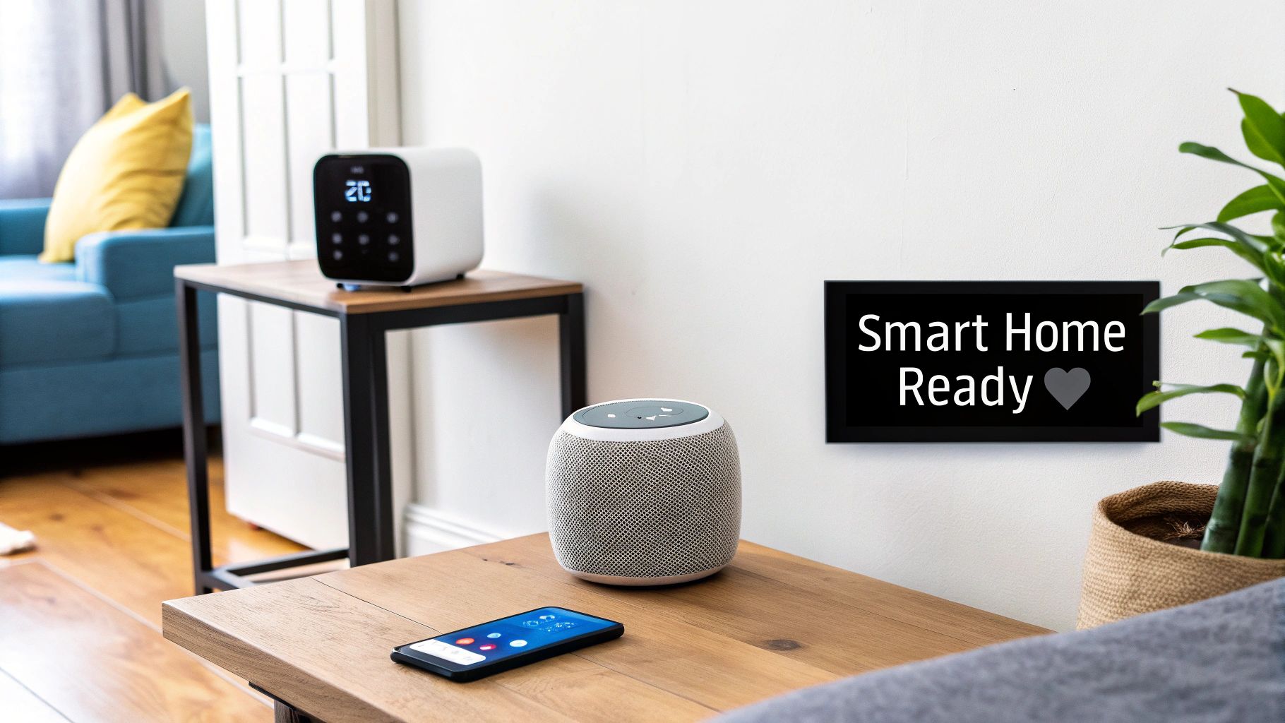 A modern living room with various smart home devices like a smart speaker, smart lights, and a smart TV, all working together seamlessly.