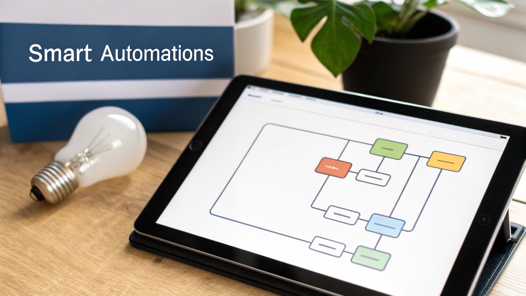A person sitting on a sofa using a tablet to adjust smart home settings, with icons for lights, temperature, and security visible on the screen.