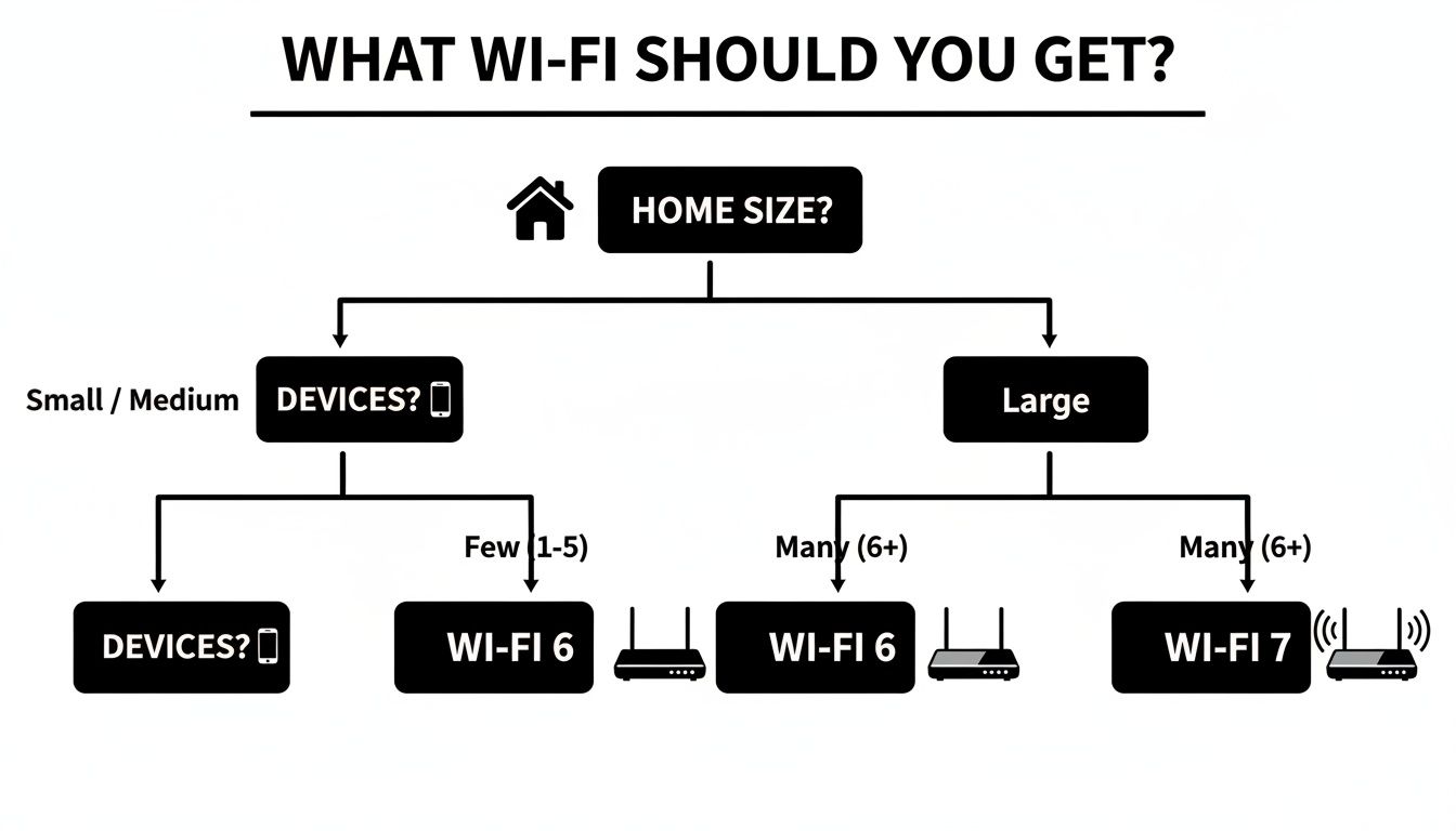 Flowchart guiding Wi-Fi selection based on home size and number of connected devices, recommending Wi-Fi 6 or 7.