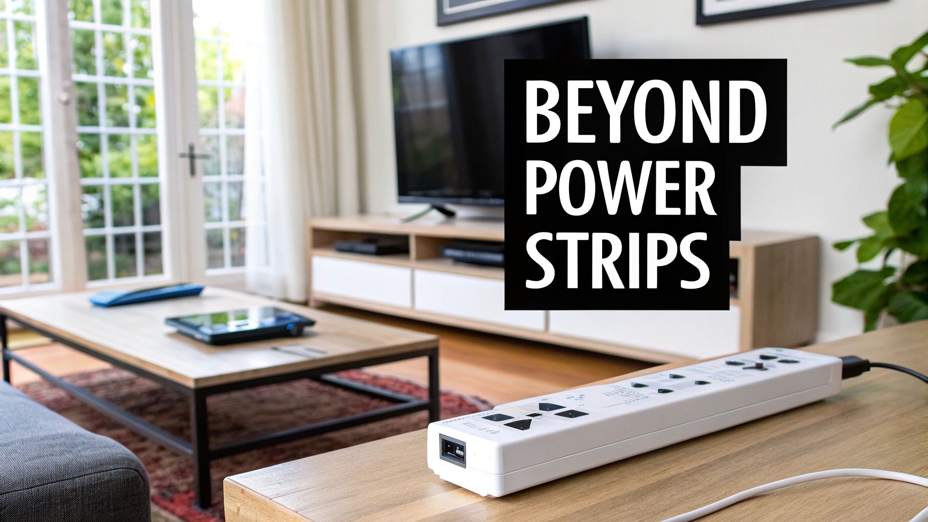A modern white power strip with multiple outlets sits on a wooden table in a bright living room.