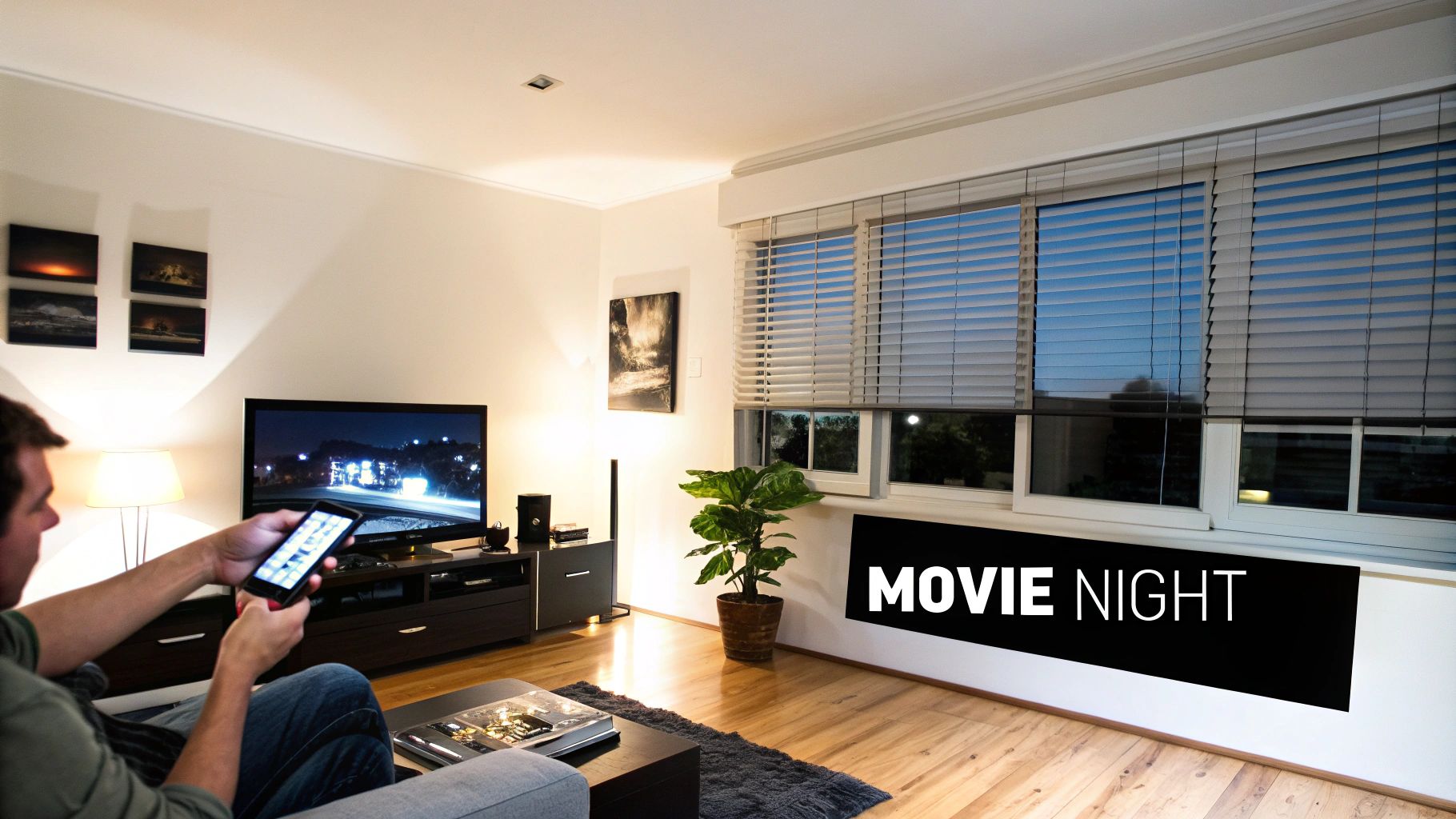 A man uses a smartphone to control a smart home system for a cozy movie night.