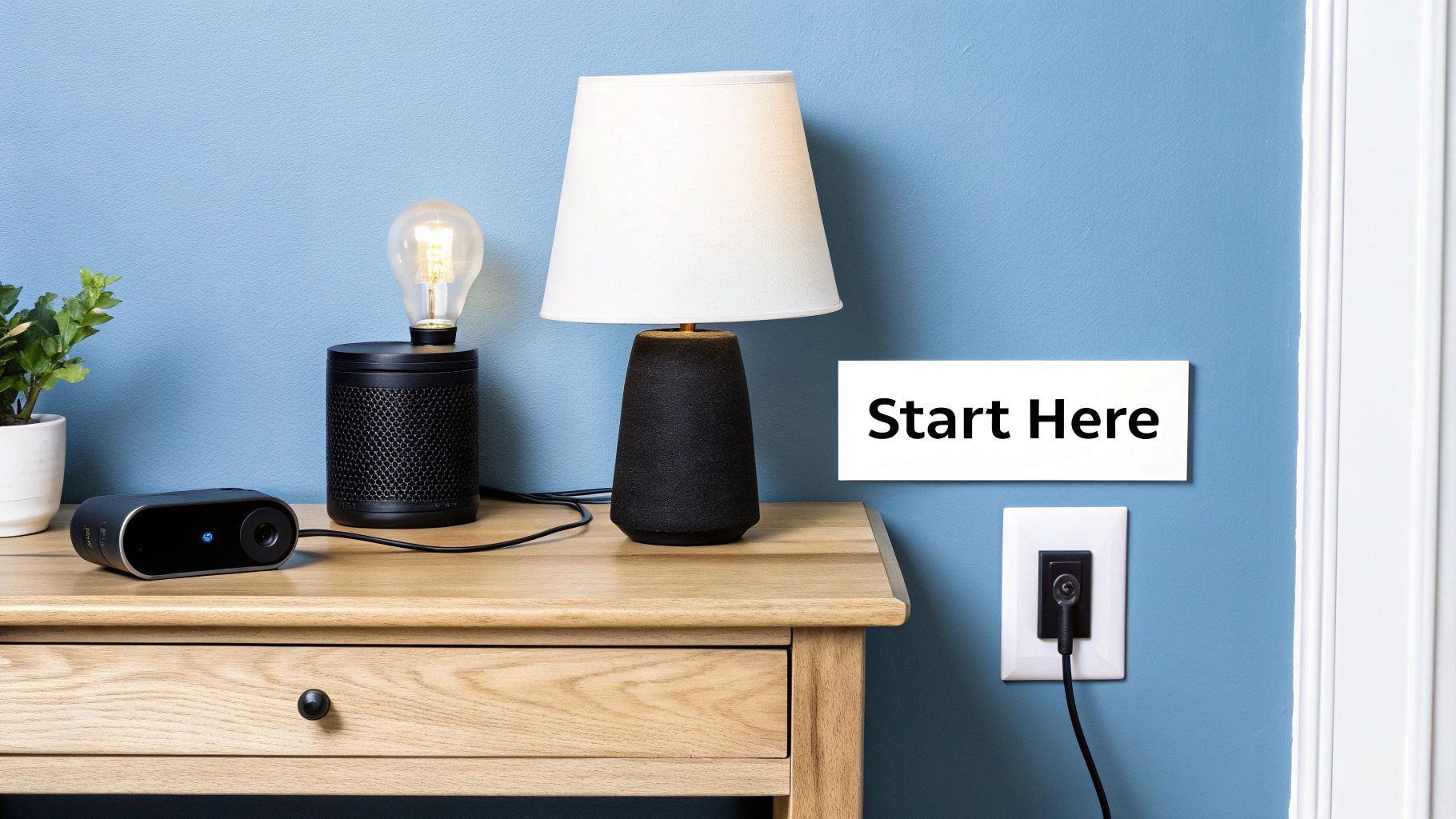 A blue wall with a wooden table, featuring smart lamps, an air quality monitor, and a potted plant.