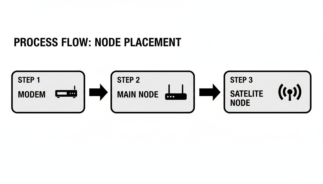 Process flow diagram illustrating node placement: modem to main node, then to satellite node for wireless mesh.