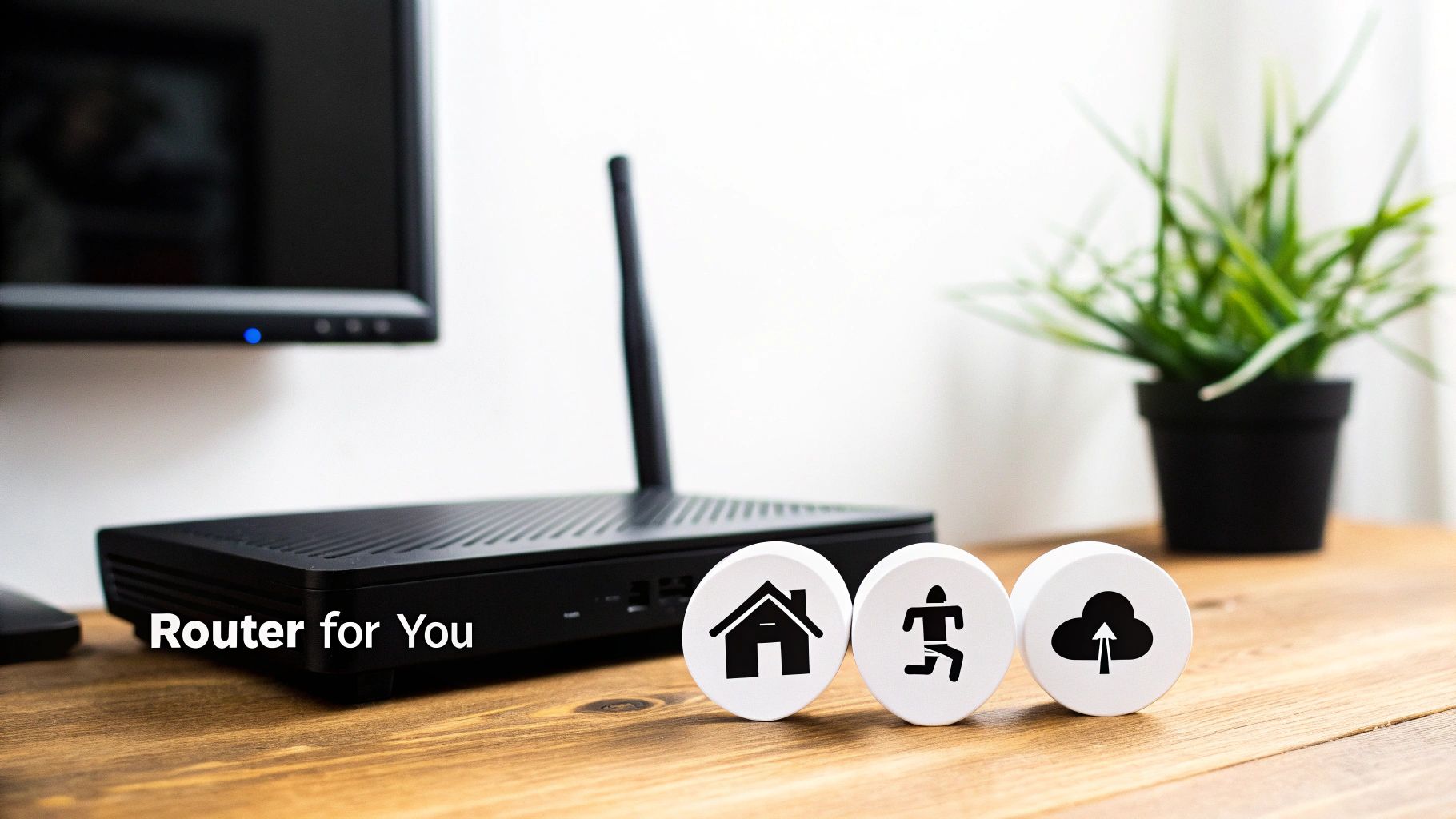 A black Wi-Fi router on a wooden table with icons for home, speed, and cloud storage.