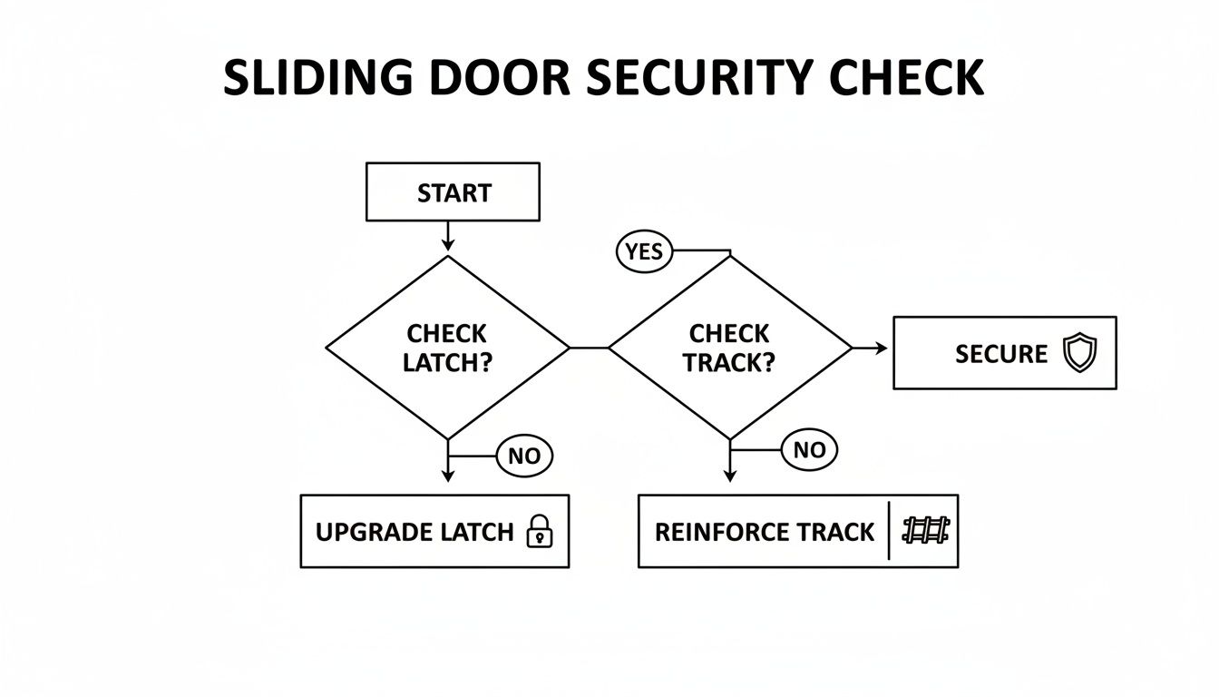 Flowchart illustrating steps to check and enhance sliding door security, including latch and track.
