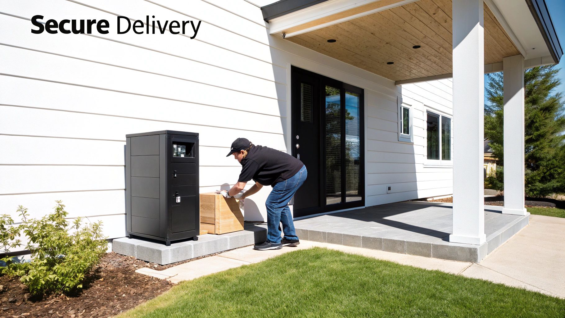 A delivery person places a package into a black smart delivery locker outside a modern white house.