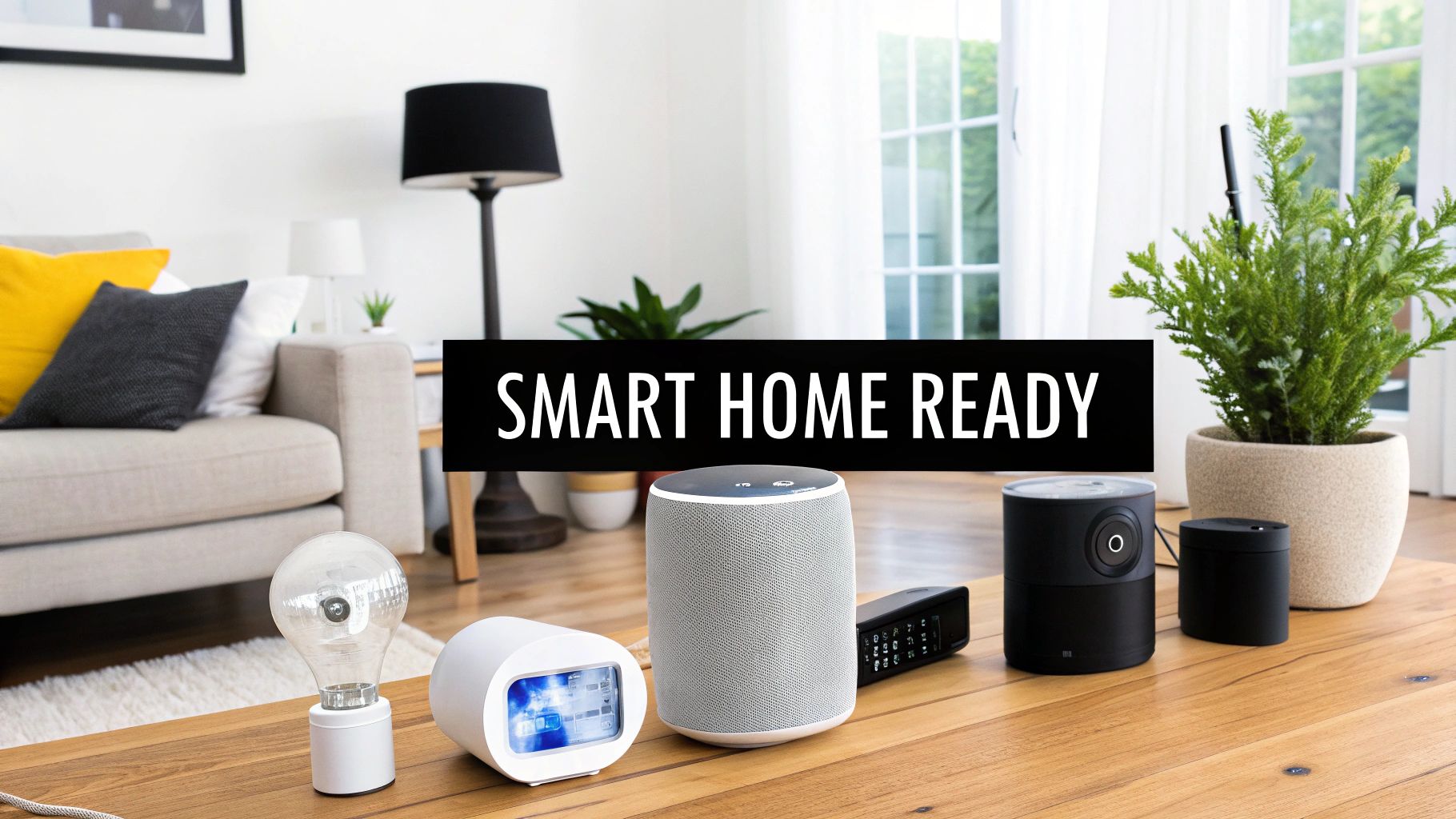 Various smart home devices like speakers, a smart display, and a light bulb on a coffee table.