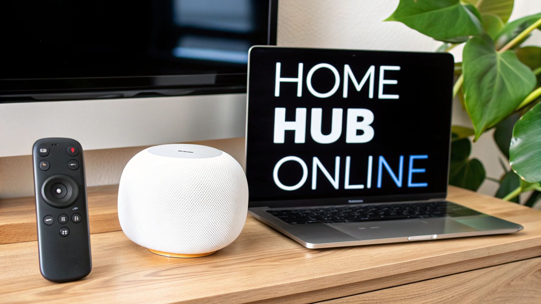 An Apple TV and a HomePod mini displayed on a modern living room console, representing the core options for a HomeKit hub.