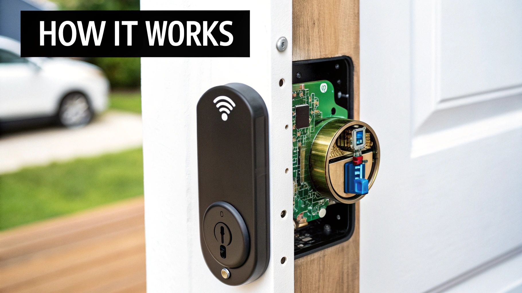 Close-up of a smart door lock installation, revealing its internal circuitry and external components.