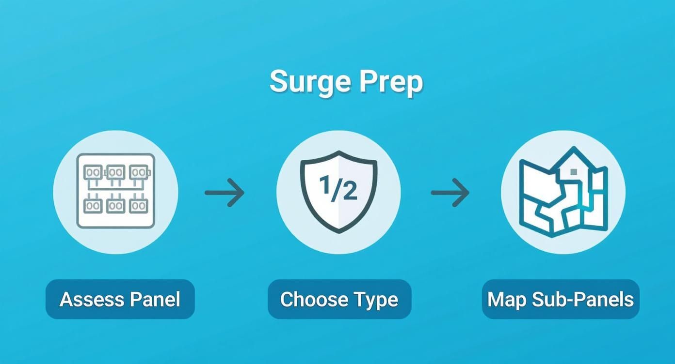 A diagram outlining three steps for 'Surge Prep': assess panel, choose type, and map sub-panels.