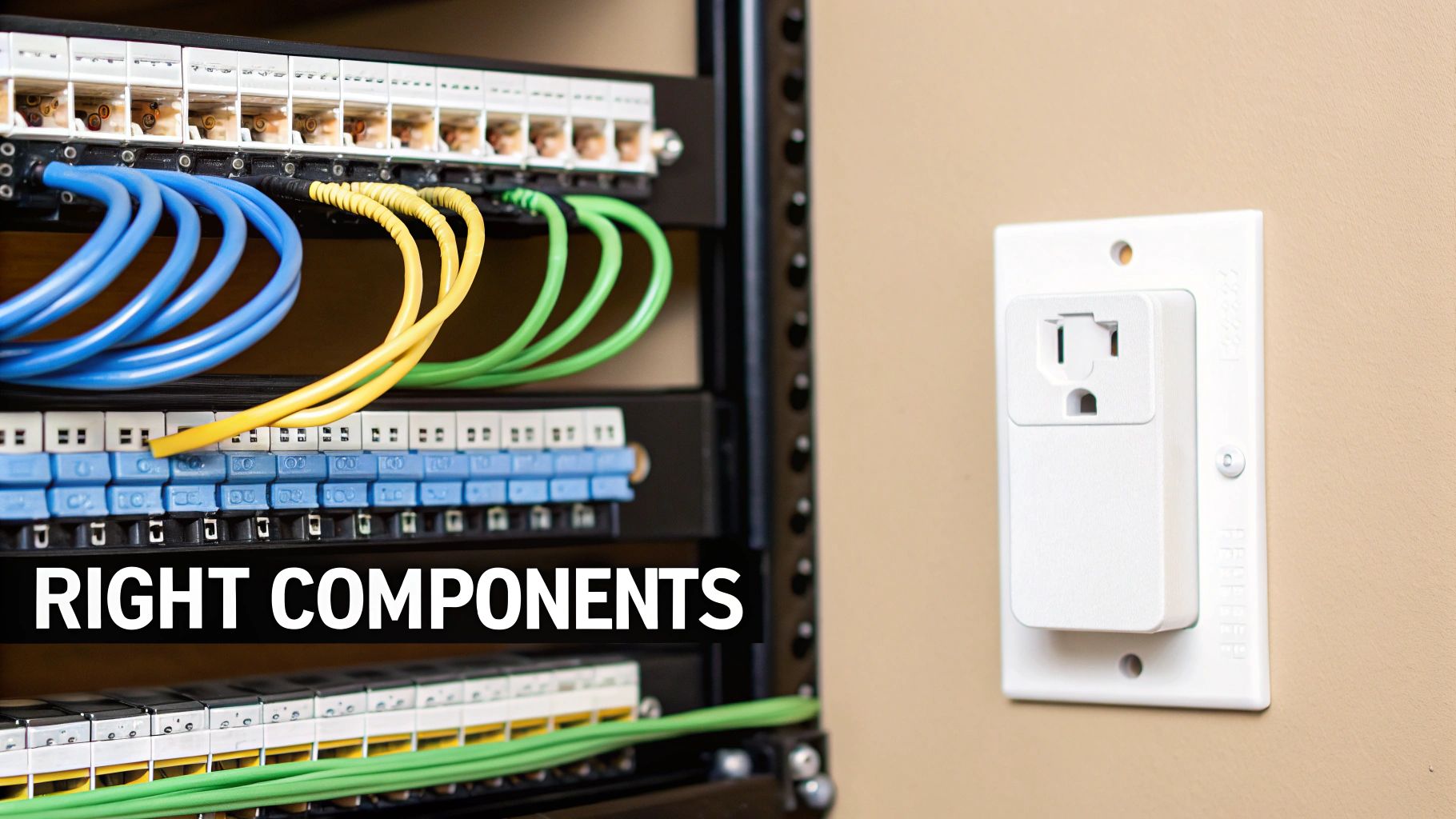 Network cables plugged into a patch panel and a smart electrical outlet on a wall.