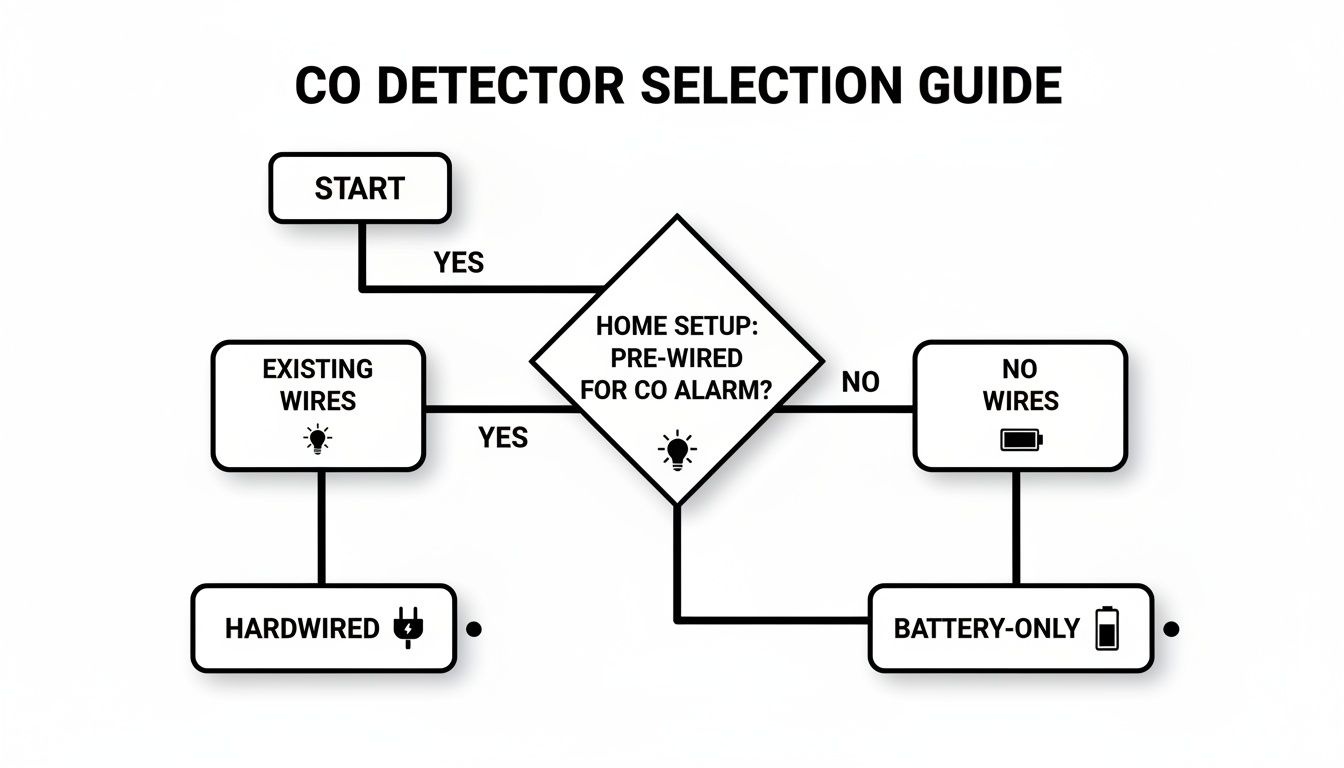 Flowchart for selecting a CO detector based on home wiring: hardwired or battery-only options.