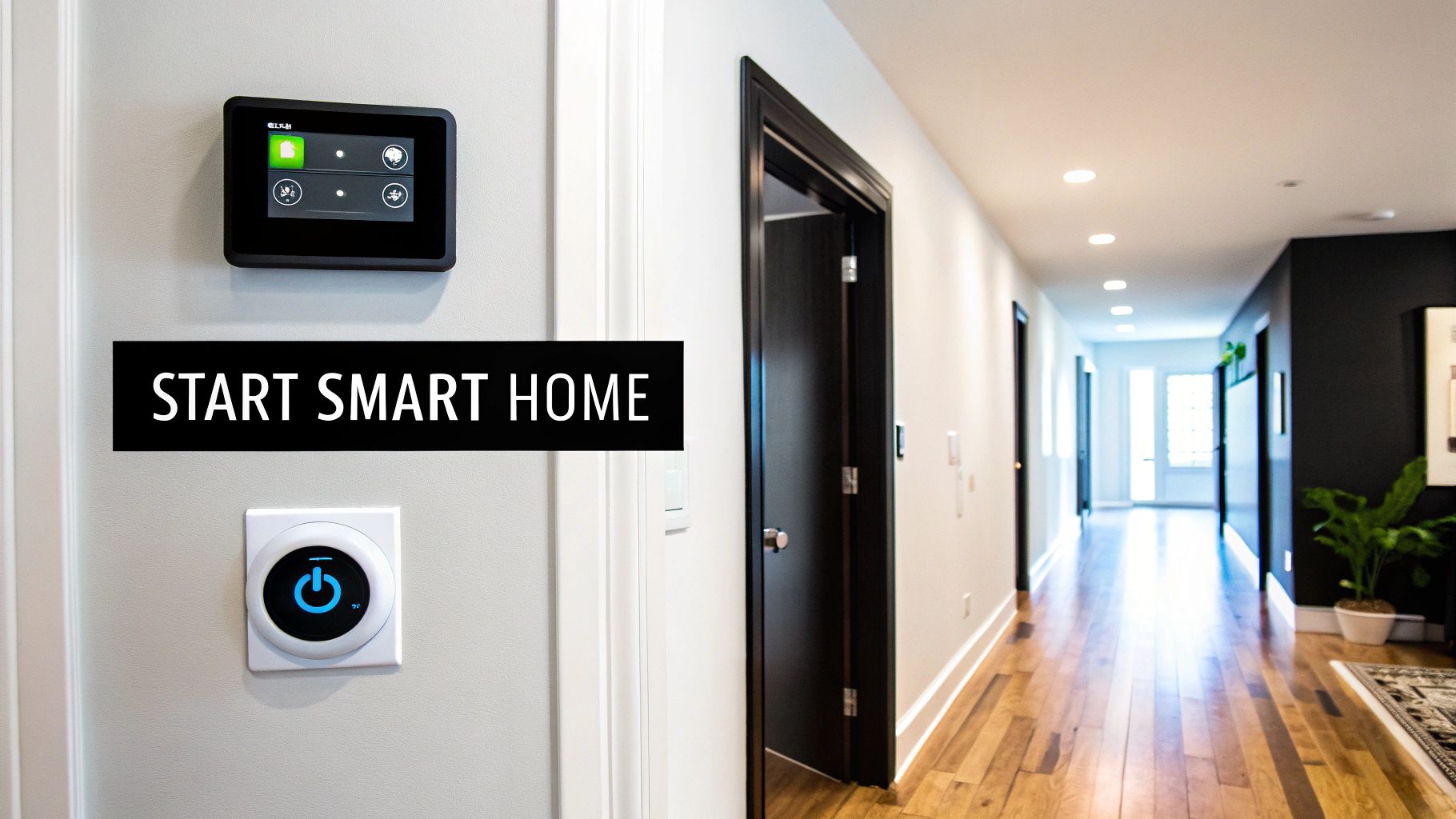 A modern living room with integrated smart home controls on a tablet, showcasing lighting and entertainment automation