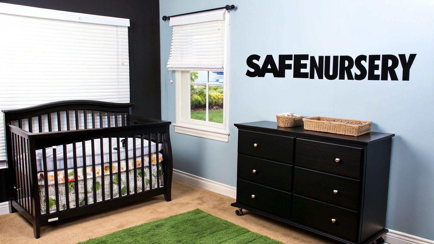 A safe nursery with a black crib, dresser, green rug, and windows with text 'SAFENURSERY' on the wall.