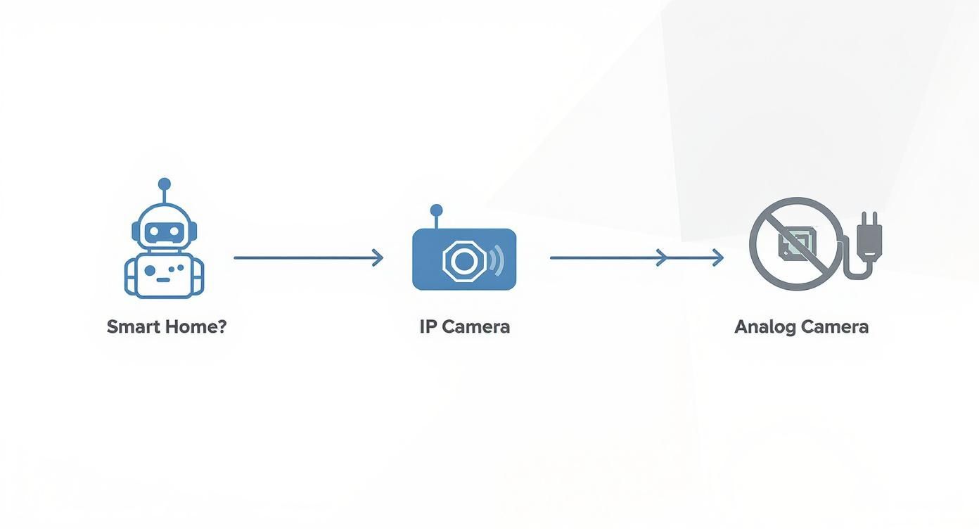 A diagram shows a Smart Home robot connecting to an IP Camera, while an Analog Camera is marked as unsuitable.