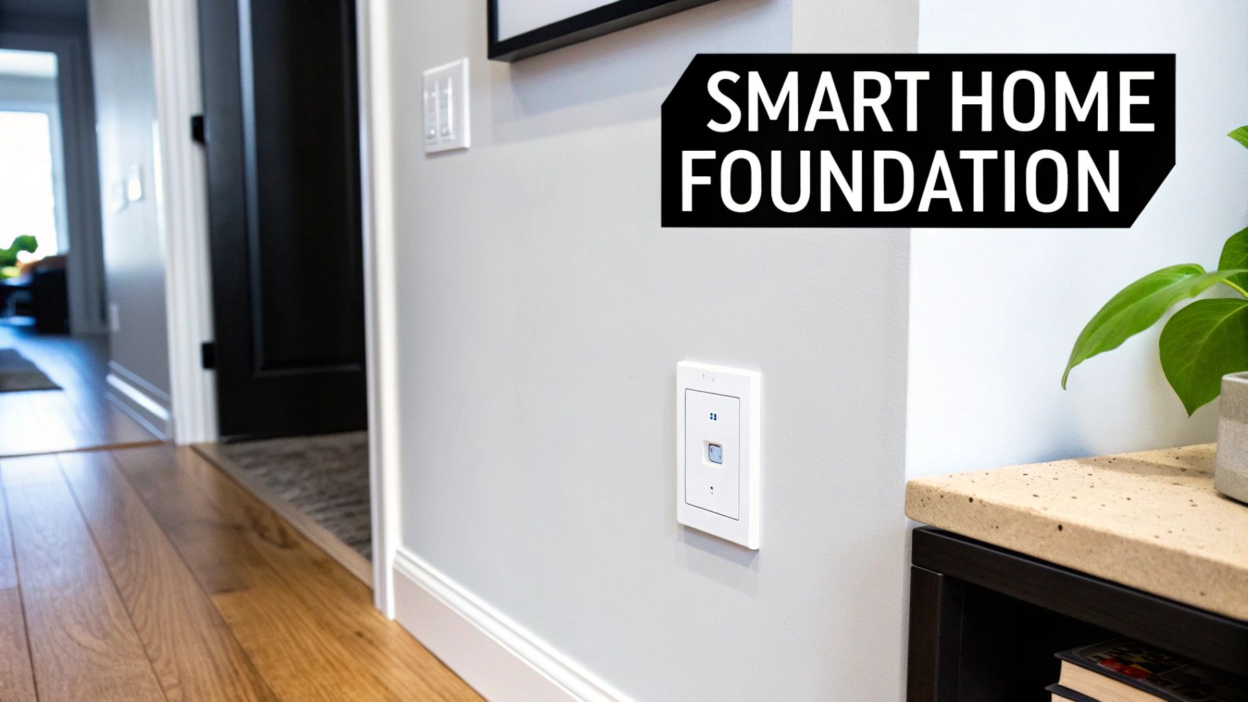 A smart home control panel mounted on a light gray wall in a modern hallway.