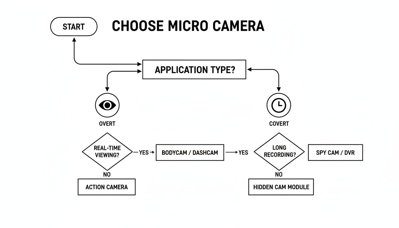 Flowchart illustrating the decision process for choosing a micro camera based on application type and viewing needs.