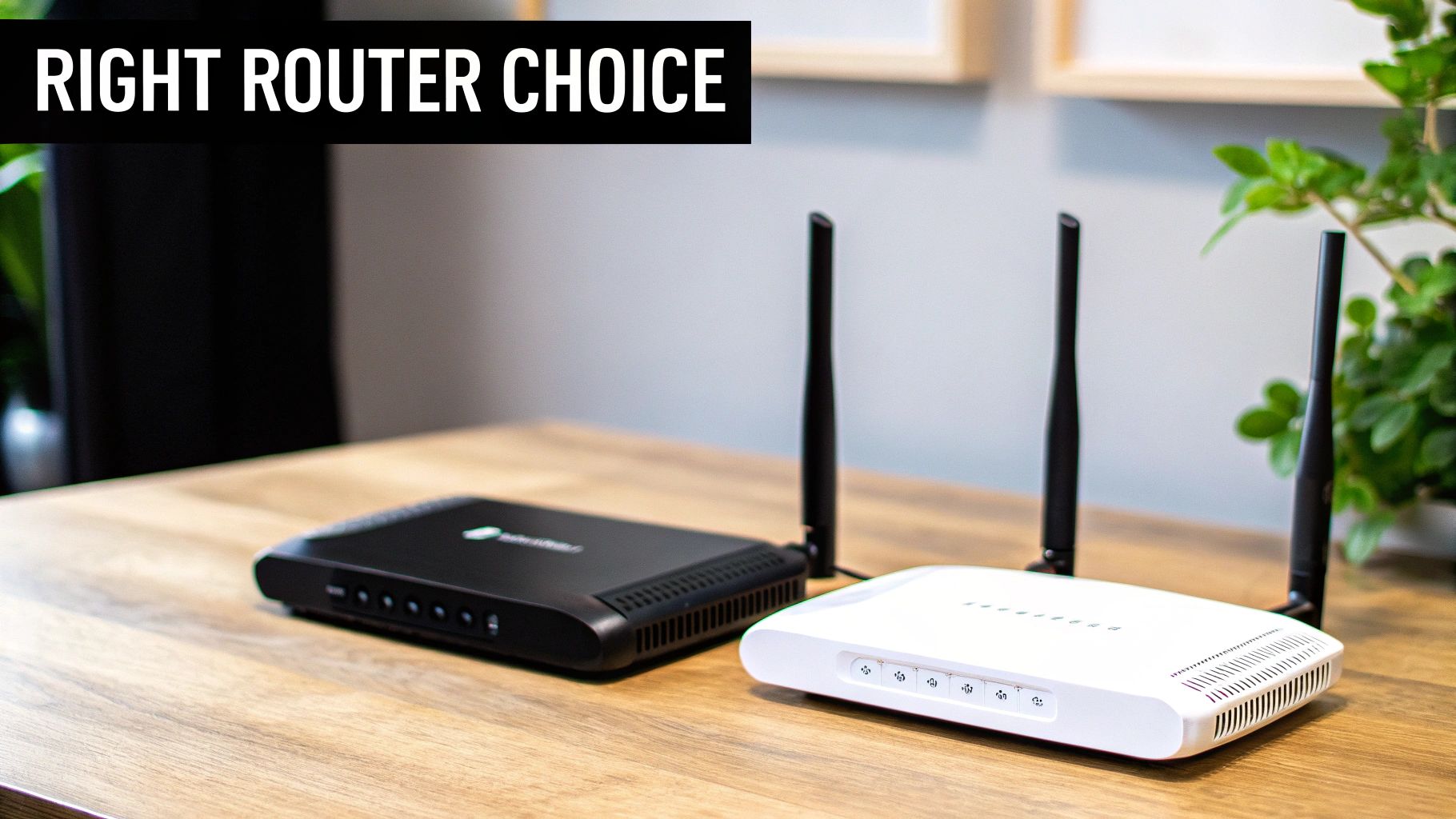 Two modern Wi-Fi routers, black and white, on a wooden table, representing router choice.