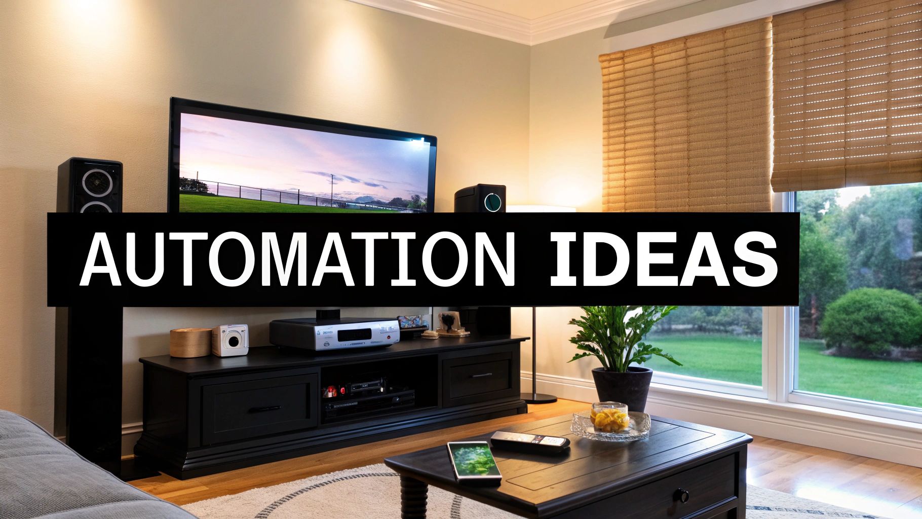 A modern living room showcasing home automation ideas with a TV, sound system, and smart devices.
