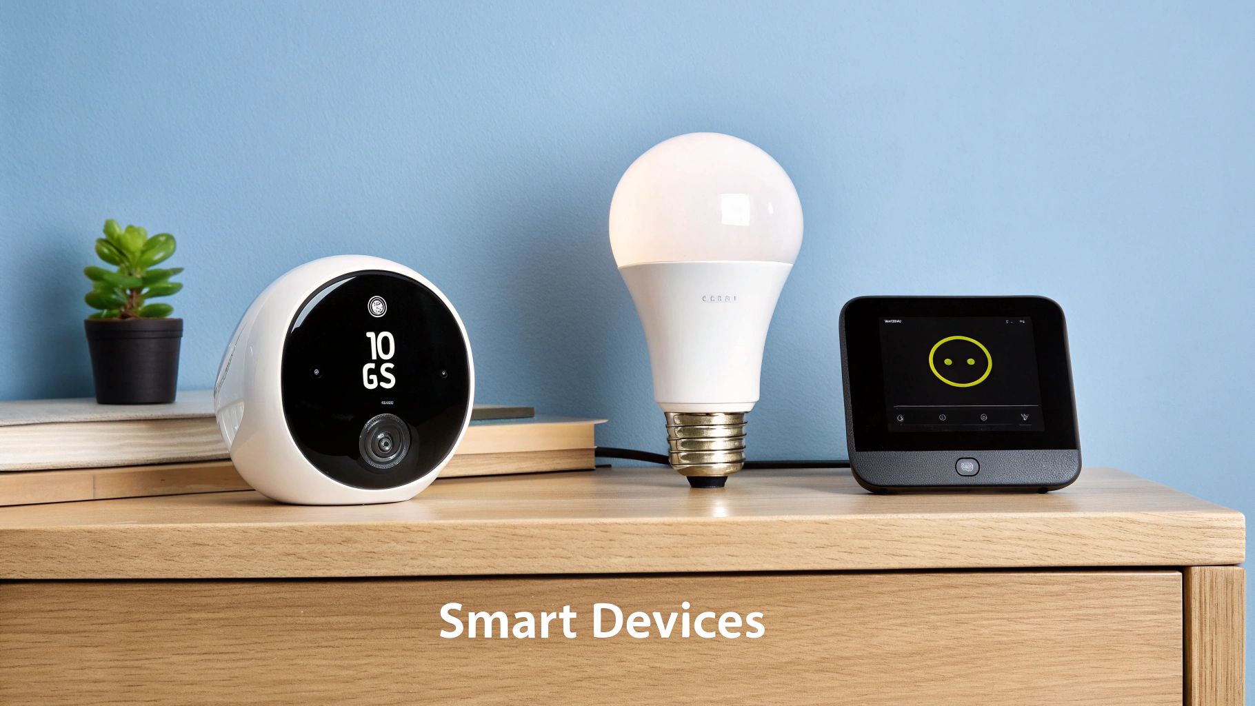 A collection of smart home devices including a smart speaker, light bulb, and thermostat arranged neatly on a wooden table.