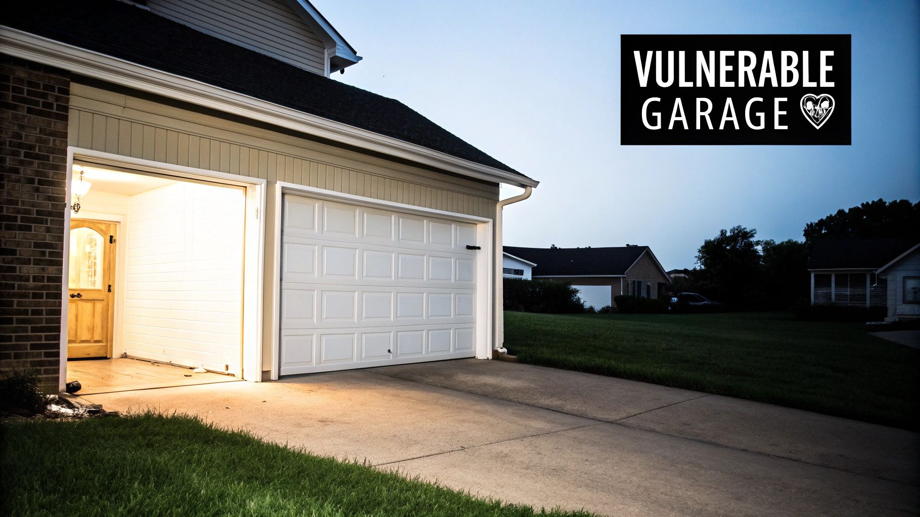 A house at dusk with one garage door open, revealing an illuminated interior, next to a closed garage door.