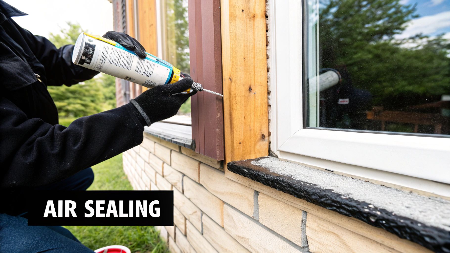 A hand applying foam sealant to a gap between a window frame and the wall to improve air sealing.