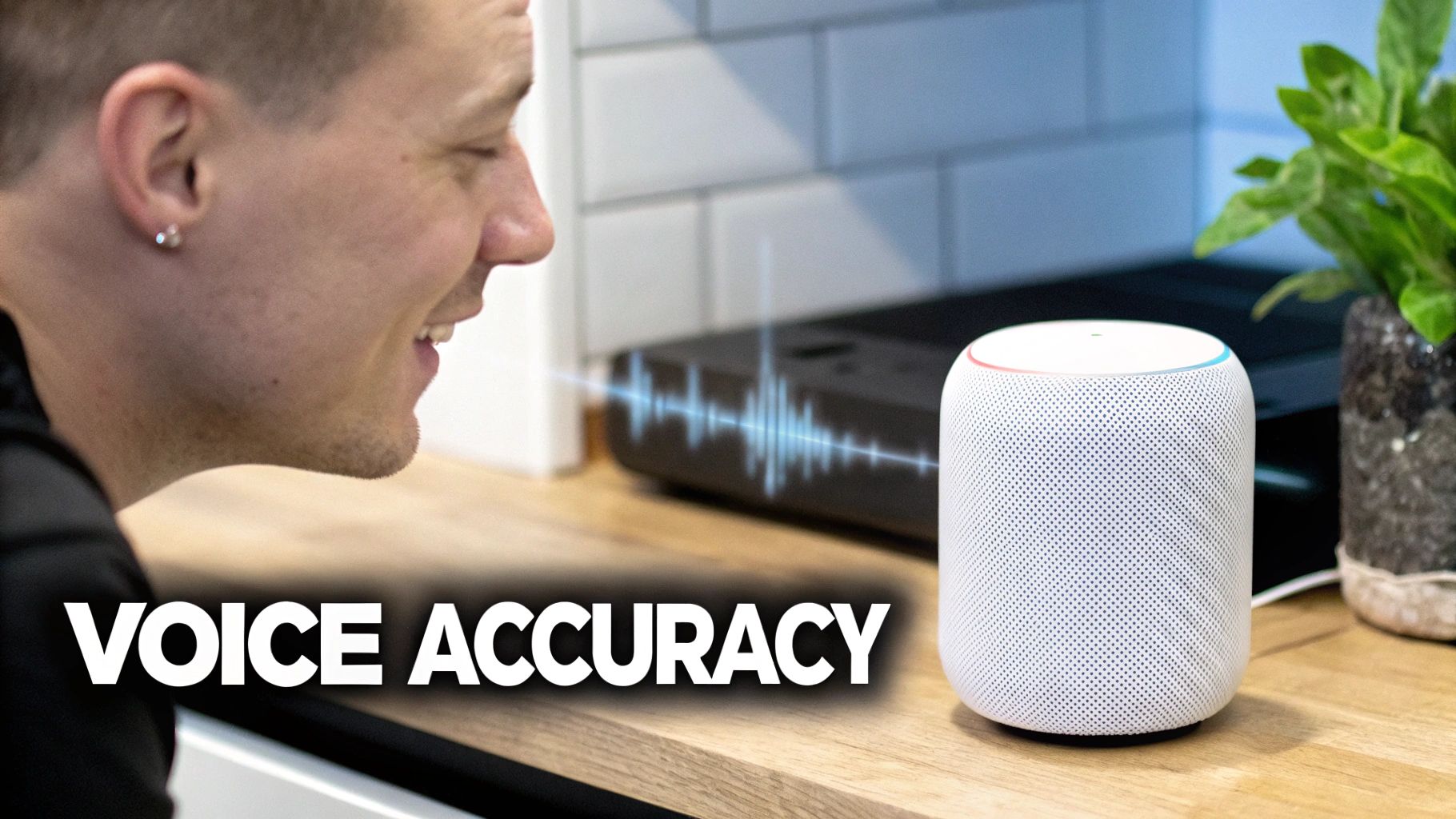 A man speaking towards a white smart speaker with sound waves and "VOICE ACCURACY" text.