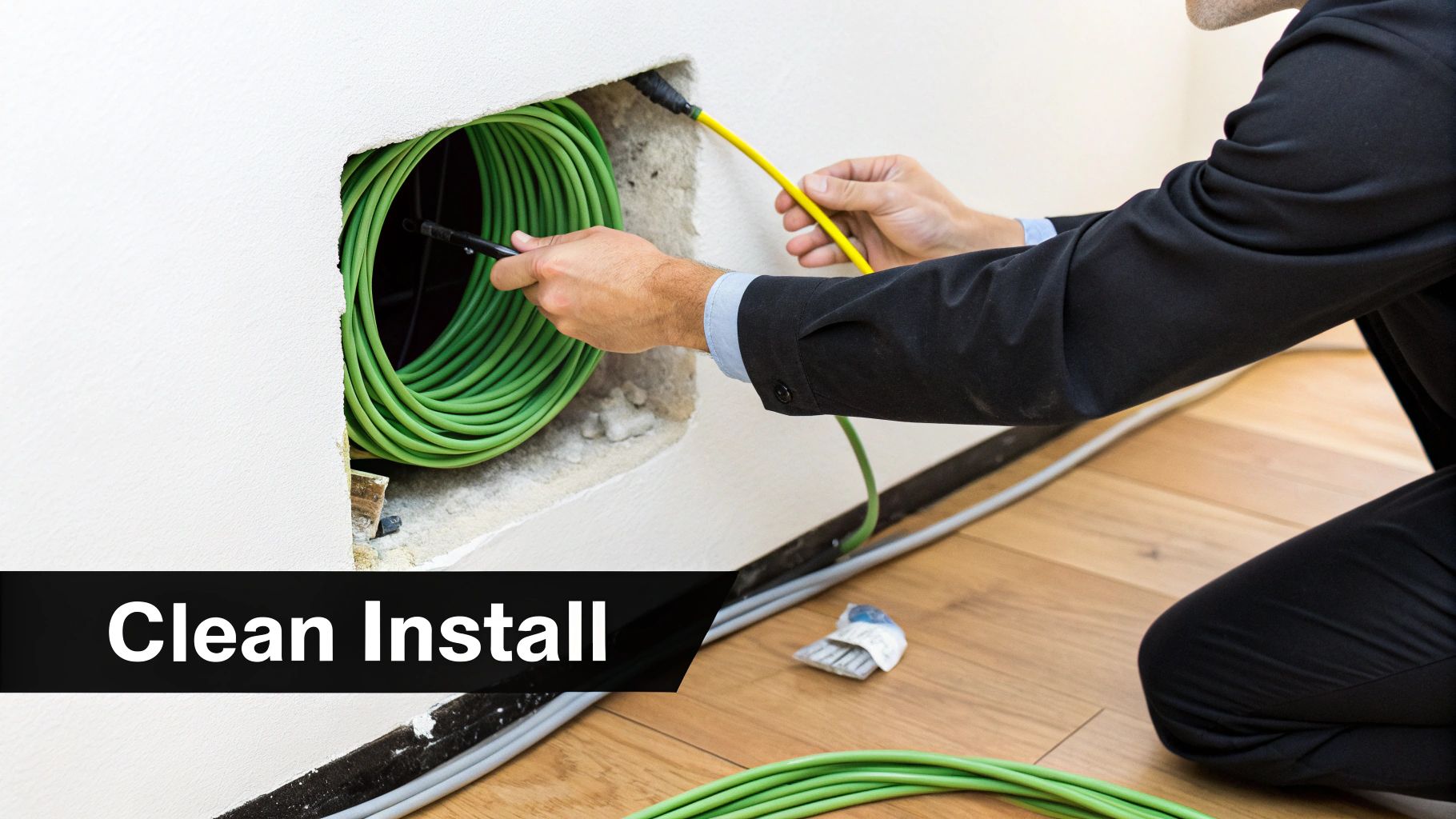 A man in a suit carefully installs green and yellow electrical wiring into a wall during a clean installation.