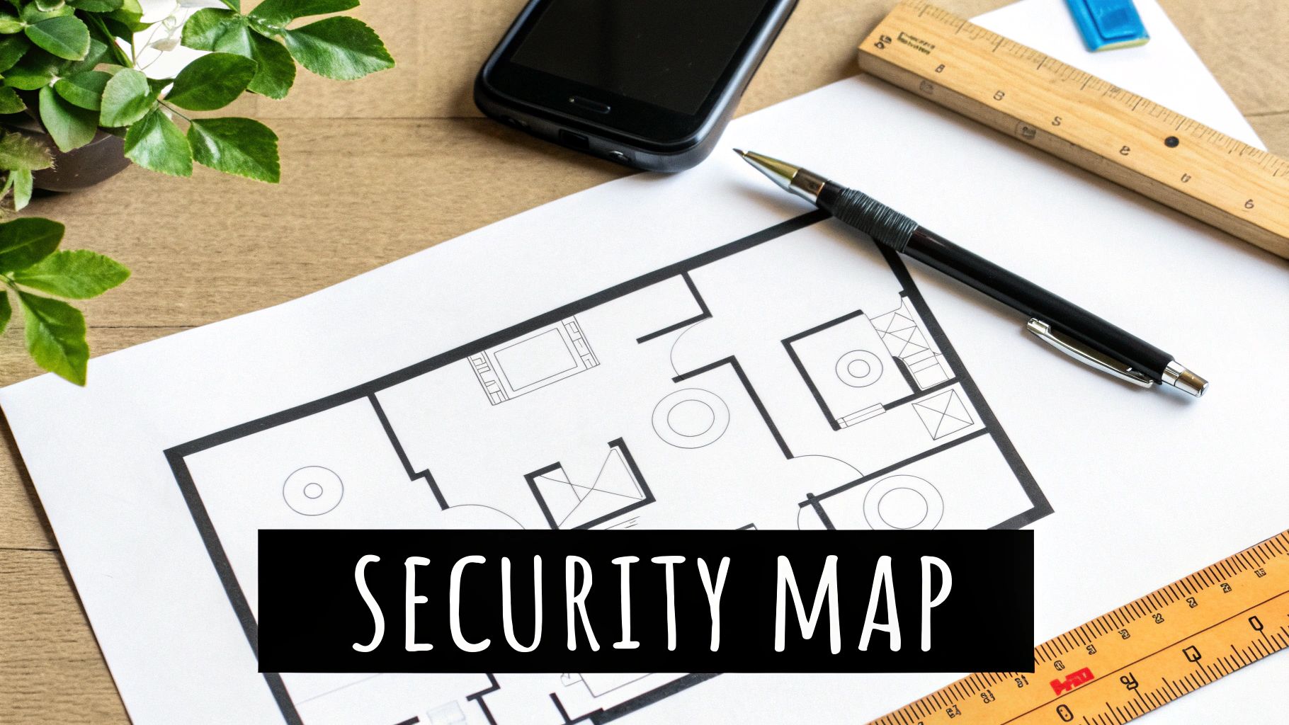 A hand sketching a home floor plan on a piece of paper, marking entry points for a security system.