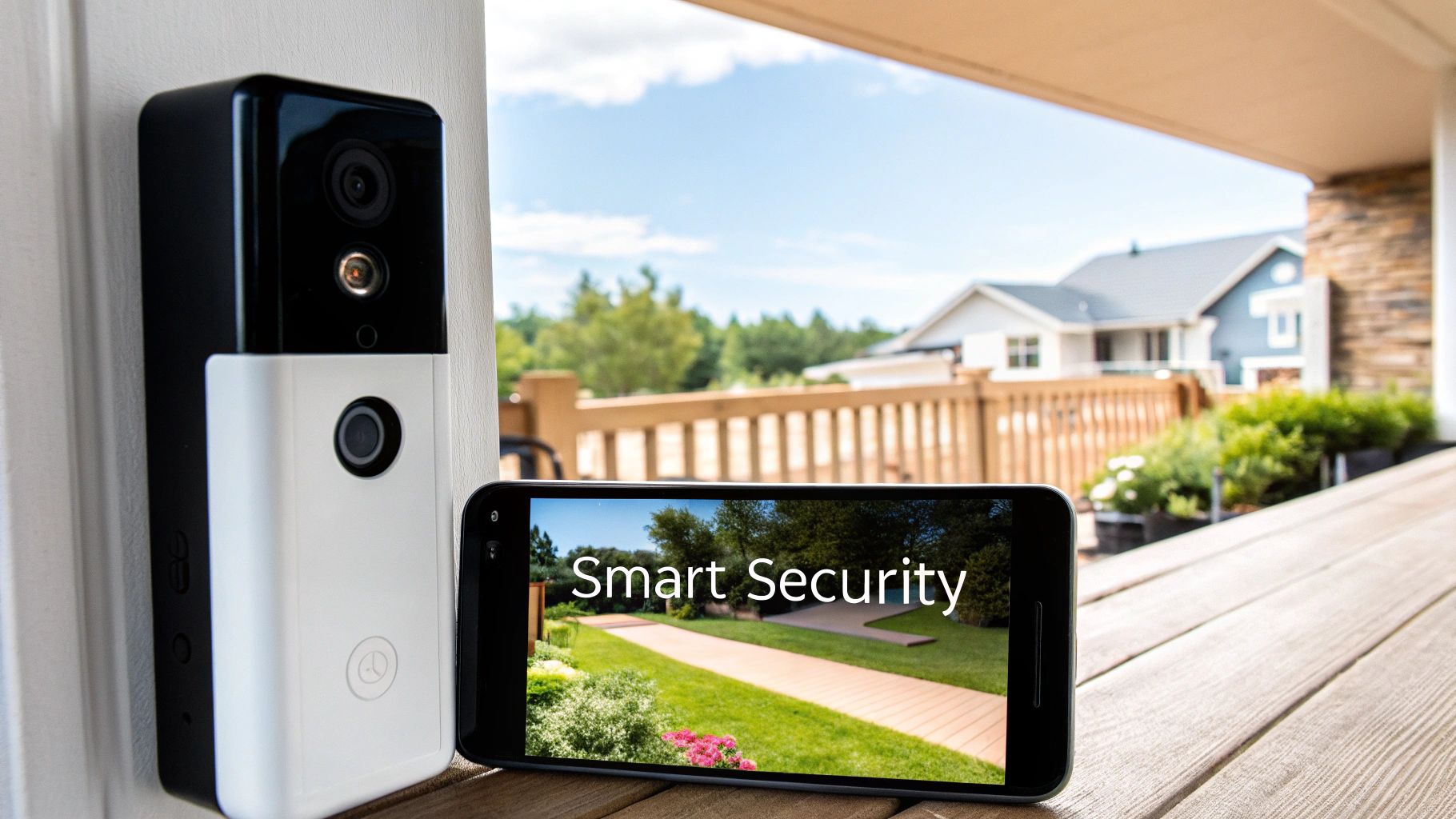 A smart video doorbell and a smartphone displaying 'Smart Security' on a wooden deck, with houses in the background.