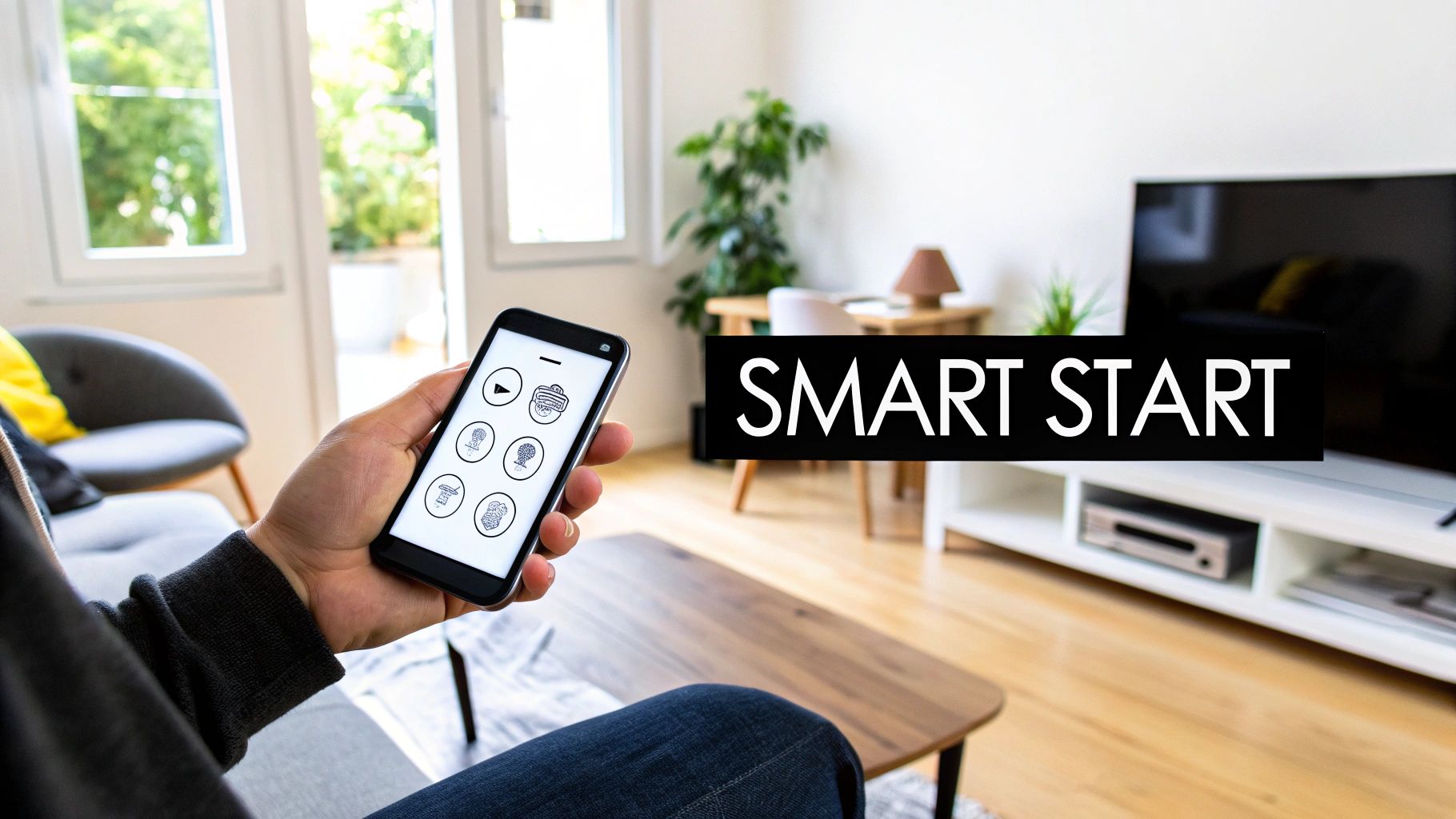 A person interacting with a smart home interface on a digital tablet, with icons for lighting, security, and temperature control visible