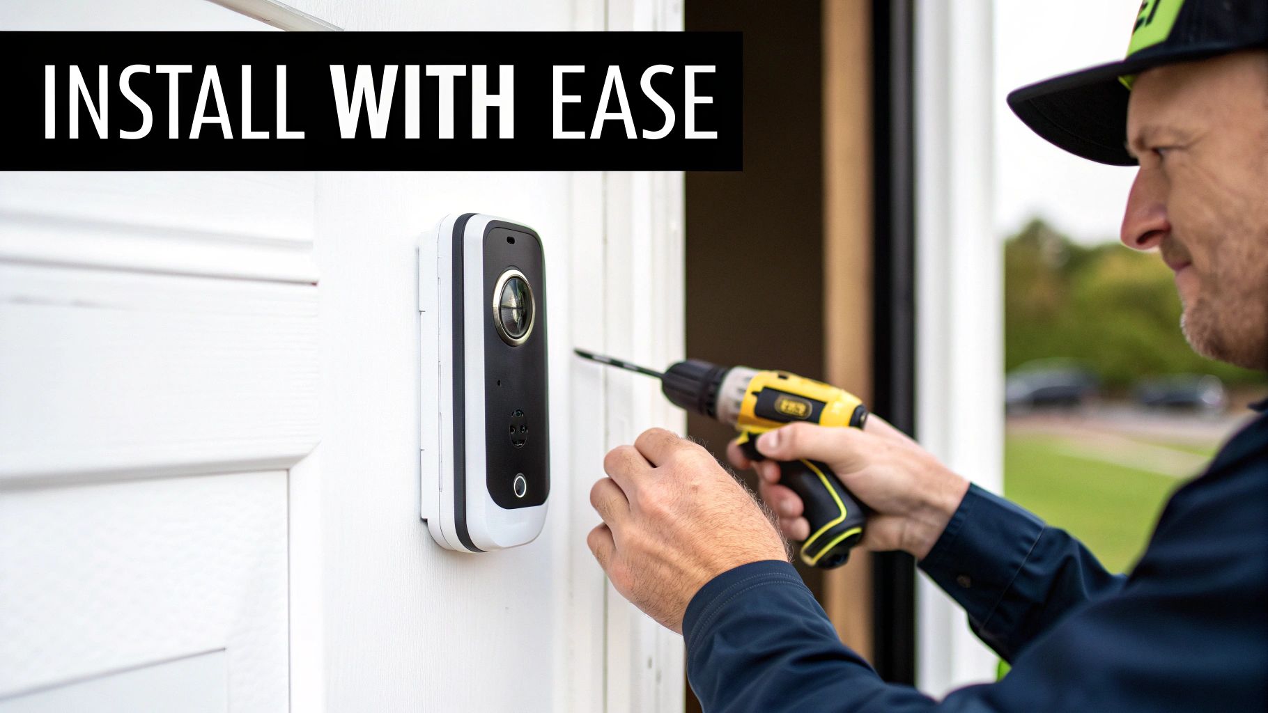 A person installs a smart video doorbell on a white door frame with a power drill, showing ease of installation.