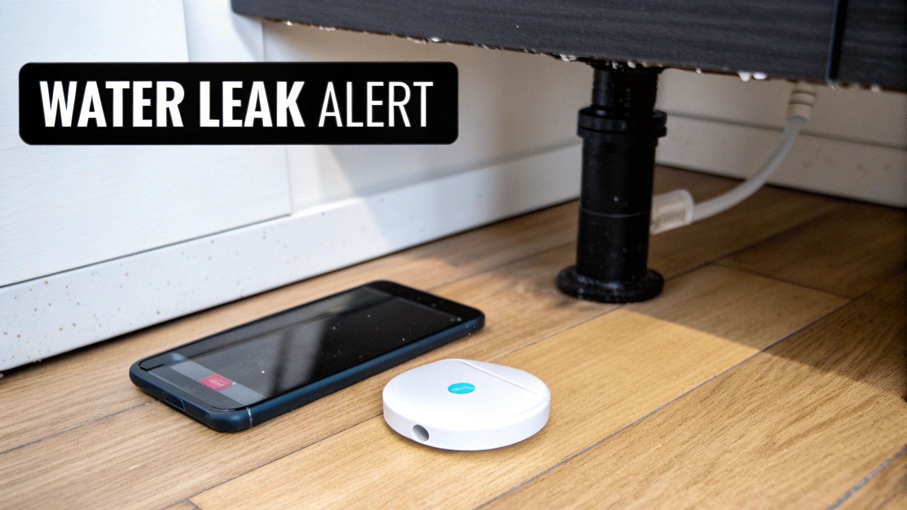 A smart water leak sensor next to a phone alerts about a leak under a cabinet.