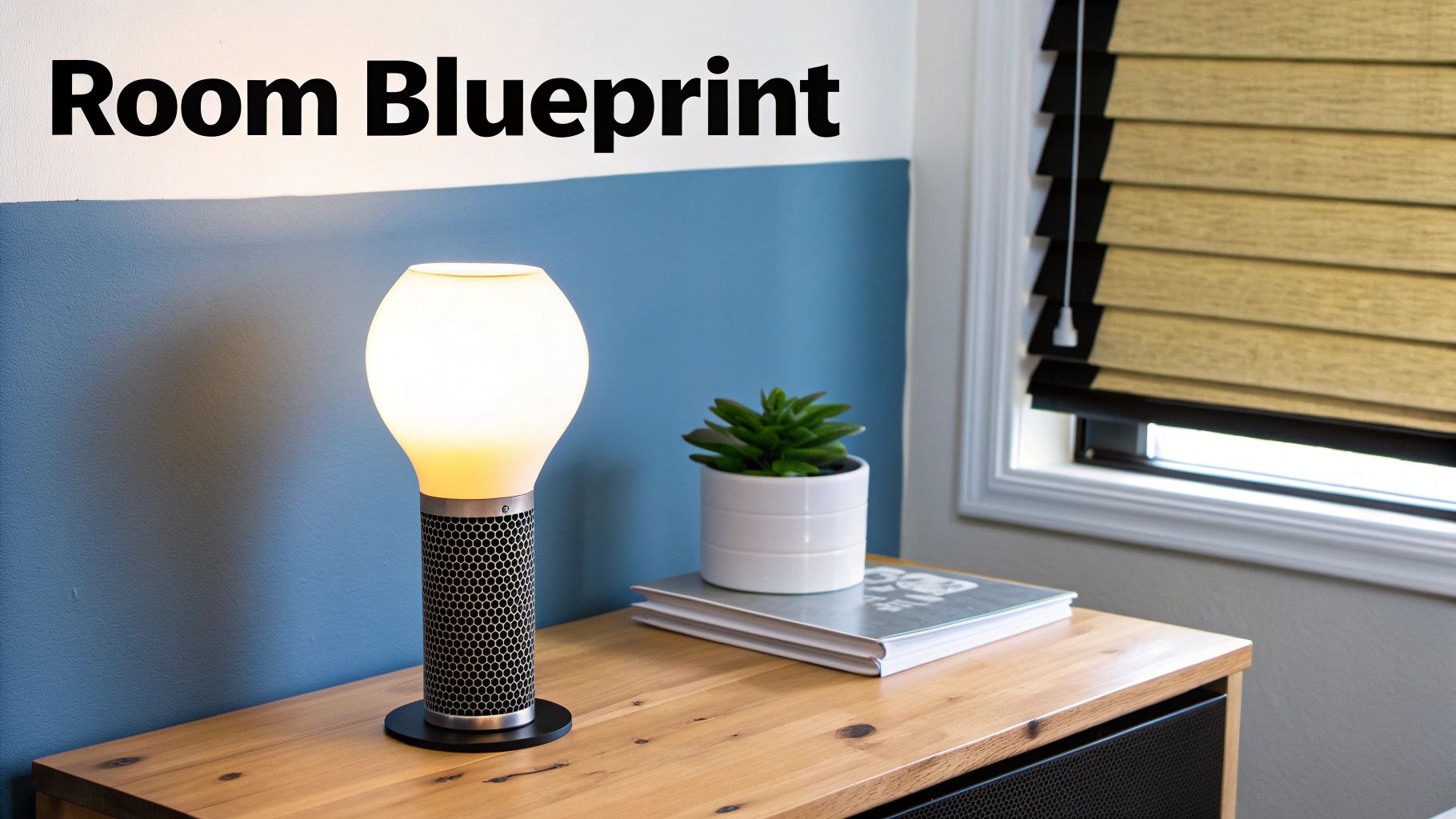 A modern living room with automated lighting and blinds, controlled from a tablet