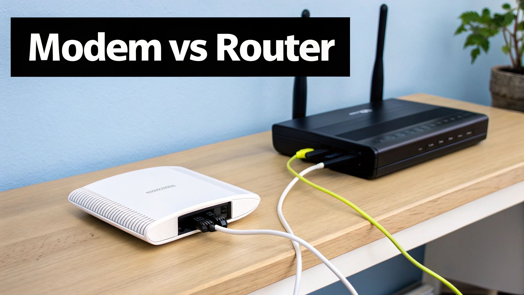 A white modem and black router connected by cables on a wooden desk, with text 'Modem vs Router'.