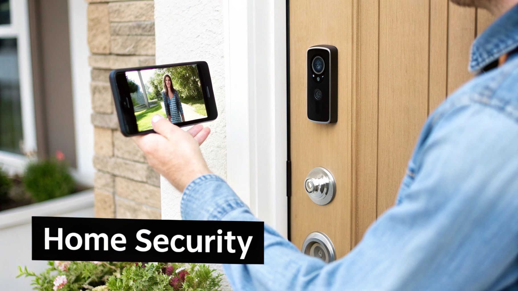 A person views a woman at the doorstep via a smart video doorbell feed on a smartphone, highlighting home security.