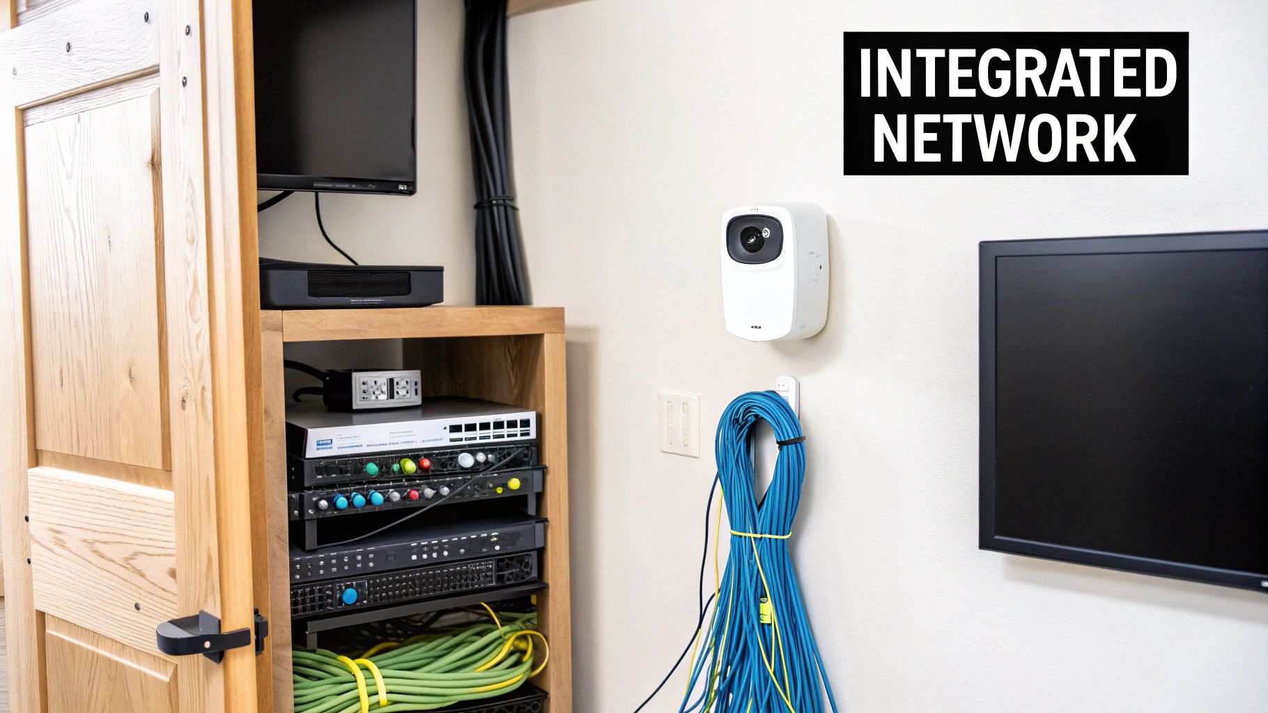 A home network setup with network equipment, coiled cables, a security camera, and a monitor.