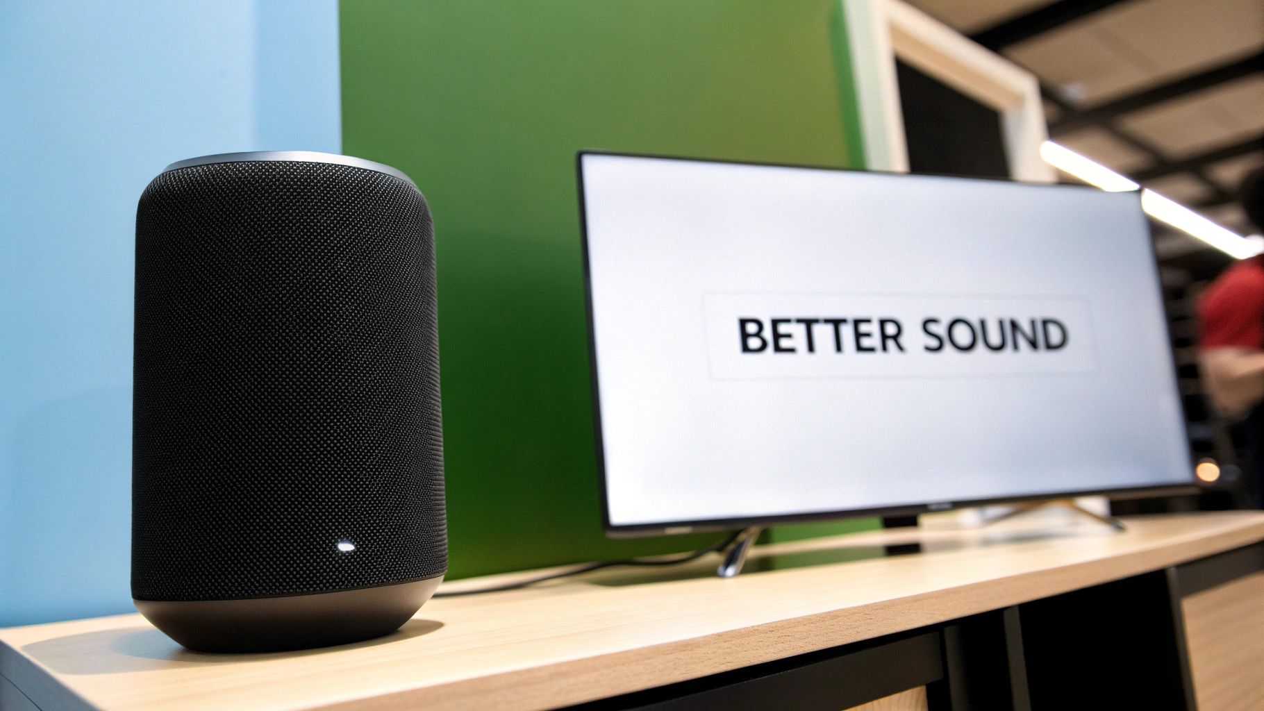 A black smart speaker sits next to a TV displaying 'BETTER SOUND' on a wooden stand.