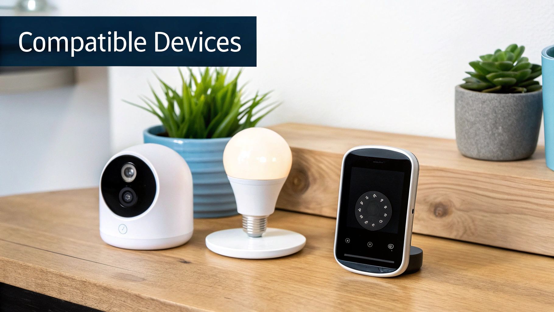 Three smart home compatible devices: a white security camera, a smart light bulb, and a display hub.