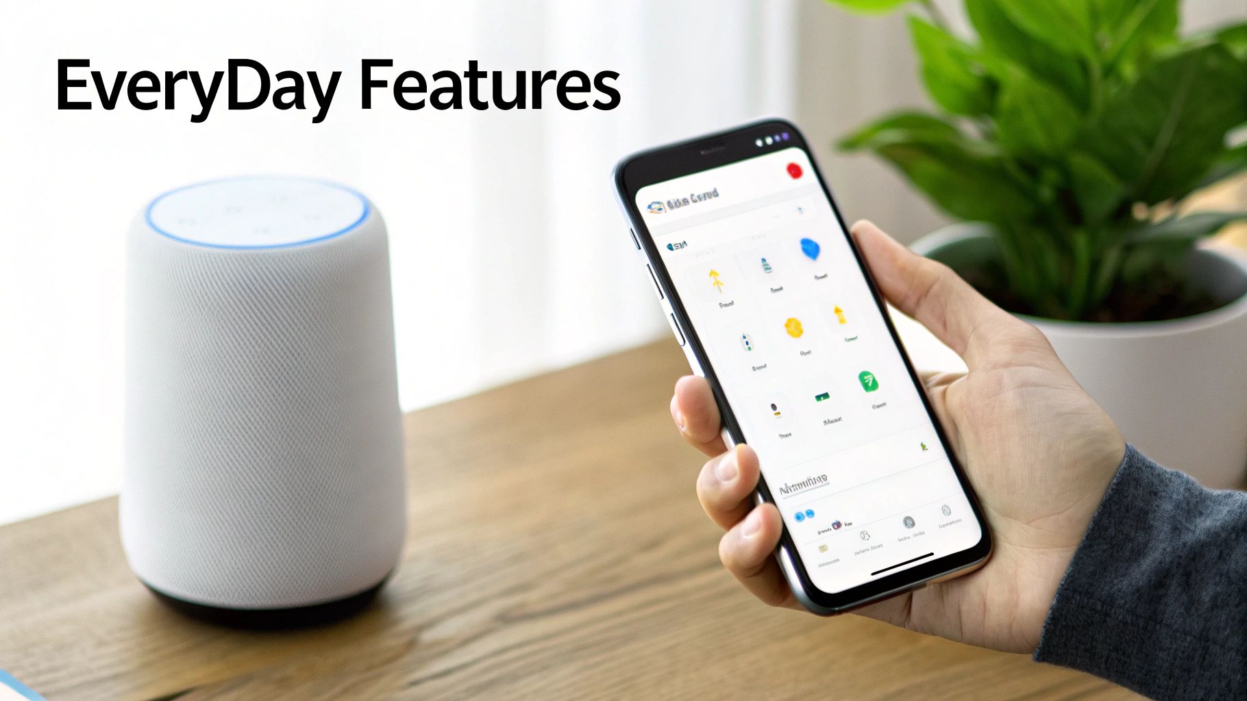 A hand holds a smartphone next to a smart speaker, displaying 'EveryDay Features'.