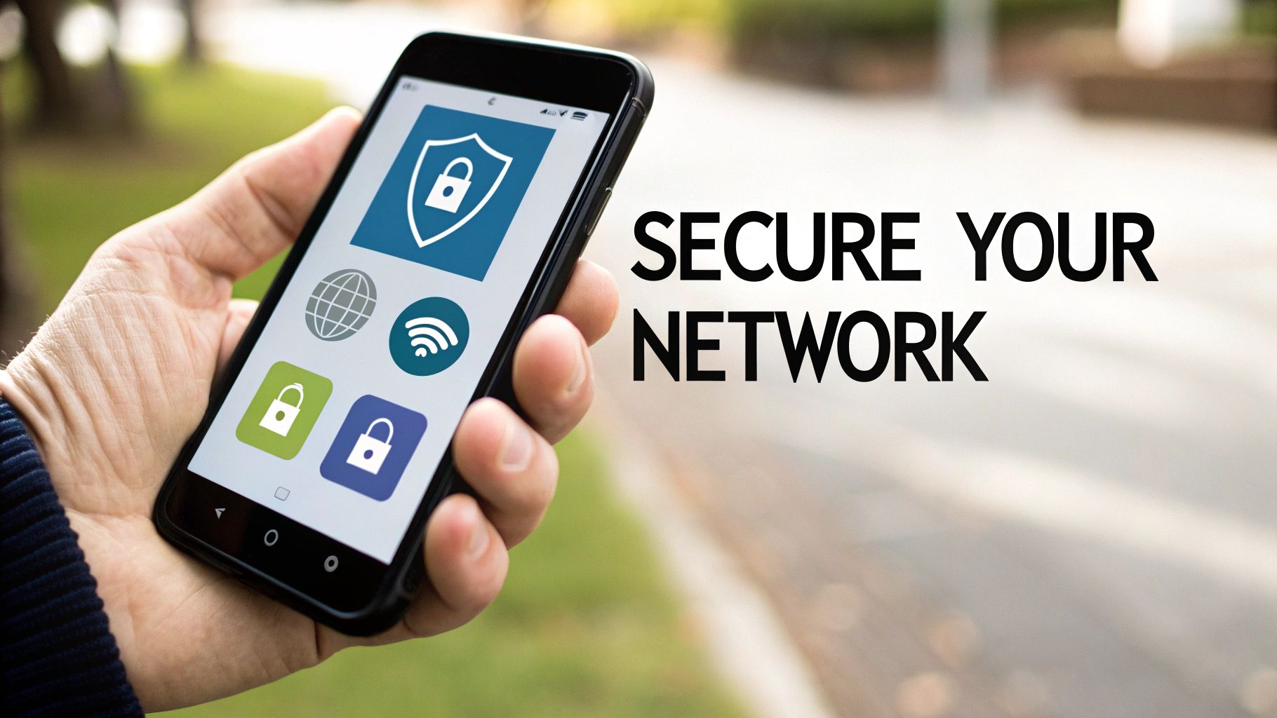 A hand holding a smartphone displaying security and network icons with 'SECURE YOUR NETWORK' text.