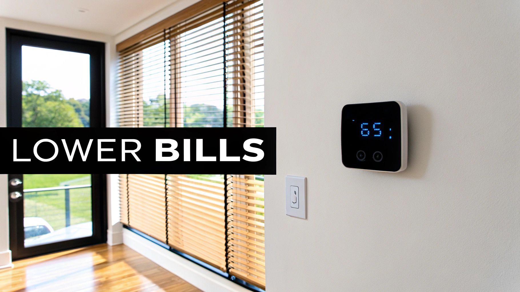 A modern smart home with a smart thermostat set to 65 degrees, emphasizing lower energy bills.