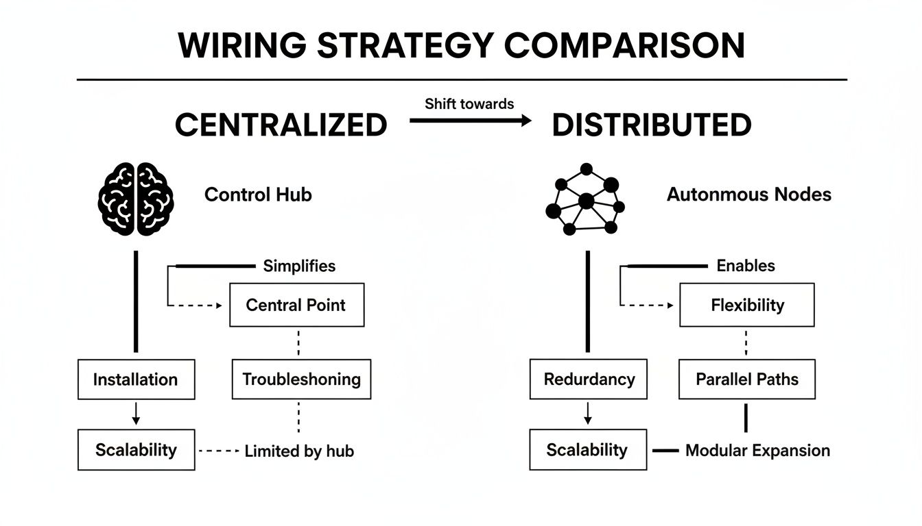 A comparison chart of centralized (control hub) vs. distributed (autonomous nodes) wiring strategies, detailing scalability, troubleshooting, and flexibility.