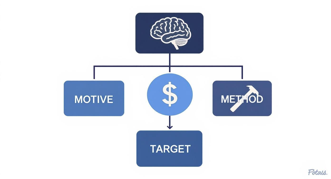 A diagram illustrating the connection between brain, motive, money, method, and target.